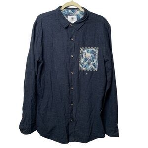 On The Byas Flannel Navy Men Button Down Floral‎ Pocket Size XL